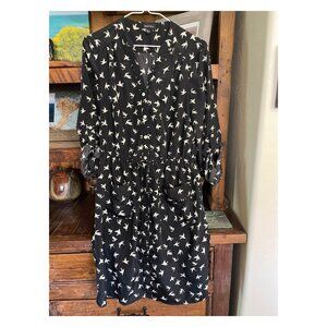 Women 10/Med Black White Birds Seagulls Dress Button Down Tie Sleeves 8/10